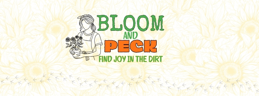 bllom and peck logo depticting a woman holding a plant and the words bloom and peck find joy in the dirt