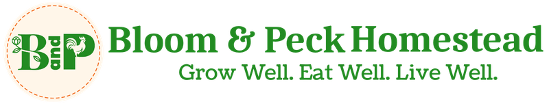 Bloom and Peck homestead logo with tag line, grow well, eat well, live well