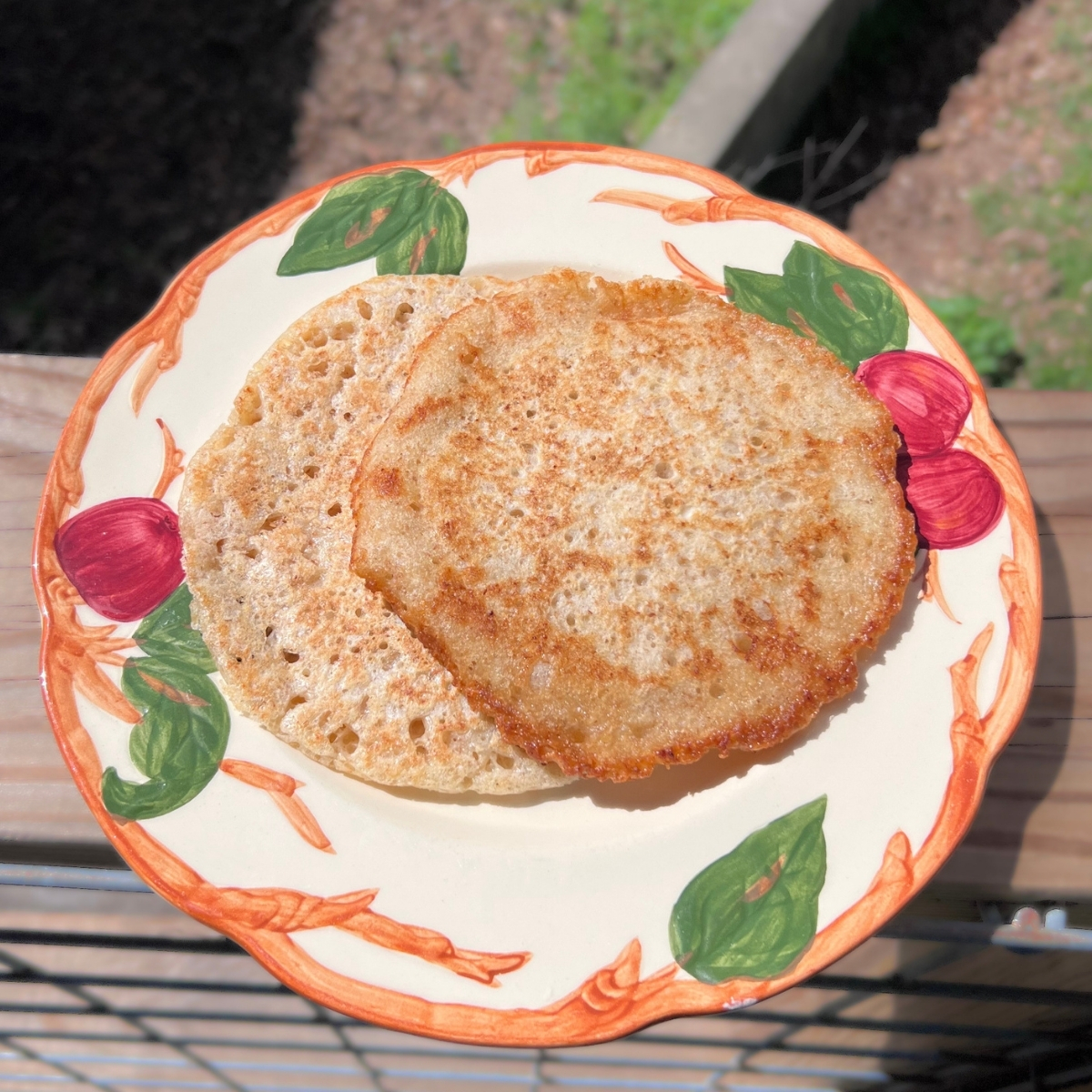 No egg sourdough discard pancakes on grandma’s Franciscan Apple plates